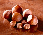 Close-up of shelled and unshelled hazelnuts