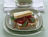 Sandwich mit hauchdünnem Serano schinken, Tomaten, Basilikum, Käse