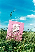 Rosafarbenes Tagebuch im Gras, blauer Himmel