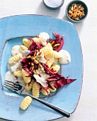 Gnocchi with gorgonzola cream sauce, roasted radicchio and pine nuts on blue plate
