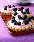 Short crust torteletts with mascarpone cream filling and black berries