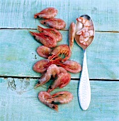 Close-up of shelled and unshelled deep sea shrimp