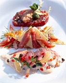 Variations of Vitello tonnato on serving dish