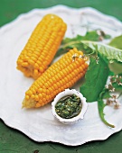 Zwei Maiskolben mit Korianderpesto und Korianderblüten