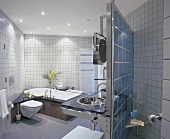 Badezimmer aus Edelstahl, Glas, in Granit eingelassene Badewanne