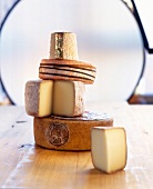 Various types of cheese stack on wooden surface
