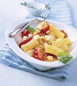 Tortiglioni mit Cherry-Tomaten, Mozzarellawürfeln + Basilikum