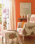 Floral printed recliner and ottoman in living room