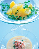 Melonensuppe mit Garnelen, Zitronenf ilets + Brunnenkresse als Garnitur