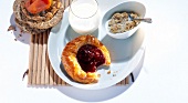 Breakfast consisting of hoernchen, yogurt and crispbread, Scandinavia