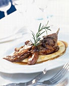 Duck a la Cesare with polenta garnished with rosemary on plate