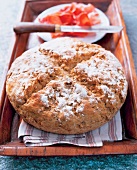 Close-up of rye wheat bread on wooden tray