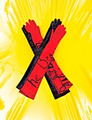 Red and black long leather gloves on yellow background