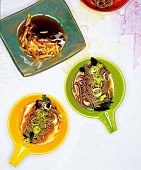 Buckwheat noodles with nori and wasabi served in three different bowls