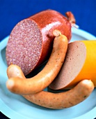 Close-up of cold cut sausage platters with salami on plate