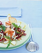Close-up of winter salad with honey and fresh goat cheese on plate
