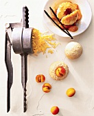 Apricot dumplings with cottage cheese and potato dumplings on white background