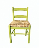 Stuhl, Kinderstuhl aus Holz in grün mit Binsen, Holzstuhl, Freisteller