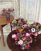Blumen, dunkle Christrosen, weiße Anemonen + lachsrosa Rosen, Vasen