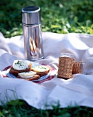 Close-up of sandwiches, thermos and glasses on blanket in grass