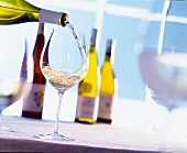 Weißwein wird eingeschenkt in Weinglas, weißer Burgunder