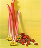 Strawberries and rhubarb on green background