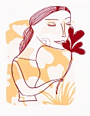Illustration of woman inhaling aroma of flower symbolizing the zodiac sign Virgo