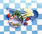 Lachs, roh, Gemüse, Kelle, Still, rustikal ohne Rezept