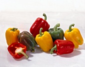 Red, yellow and green peppers on white background