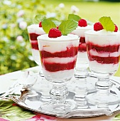 Rot-weisses Dessert: Rote Grütze und Vanillejoghurt in Gläser geschichtet