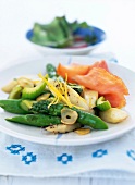 Salad with antipasti and smoked salmon on plate