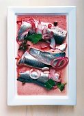 Herring marinated with red wine in serving dish