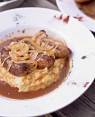 Bangers and mash in bowl at The Bell Pub