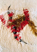 Red coral necklace in the sand, washed by wave