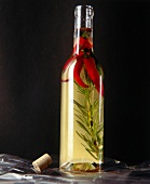 Rosemary, chilli pepper and mustard seeds with chili oil in glass bottle