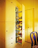 Stauraum in einer renovierten Küche Apothekerschrank in gelb