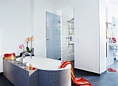 Weißes Badezimmer: Badewanne + Glastür als Eingang in d. Dusche