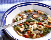 Close-up of chicken soup with vegetables and noodles in bowl