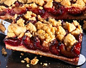 Close-up of crumb cake with plum garnished with cinnamon