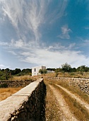 Insel Ibiza, weiße Finca im Inselinneren mit Weg im Vordergrund