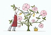 Illustration zum Thema Garten Frau beschneidet Rosenstrauch