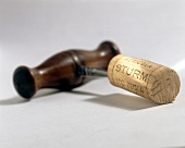 Cork with golden corkscrew on white background