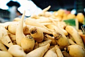 Close-up of parsnips on market stall