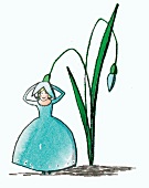 Illustration zum Thema Garten, Frau benutzt Schneeglöckchen als Hut