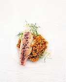 Smoked fish with lentil salad on white background