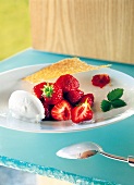 Wild strawberries with sugar cookies and scoop of ice cream on plate