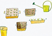 Illustration zum Thema Garten Gießkanne, Sämlinge, Pflanzen