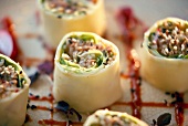 Duck rolls with sesame seeds in a restaurant in Hong Kong