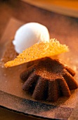 Close-up of chocolate cake with coconut sorbet