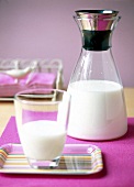 Close-up of milk in carafe and glass